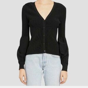 Theory Blouson Sleeve Black Glossed V-Neckline Button Front Sweater Cardigan
